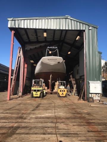 Schooner Bowdoin hauled for hull work