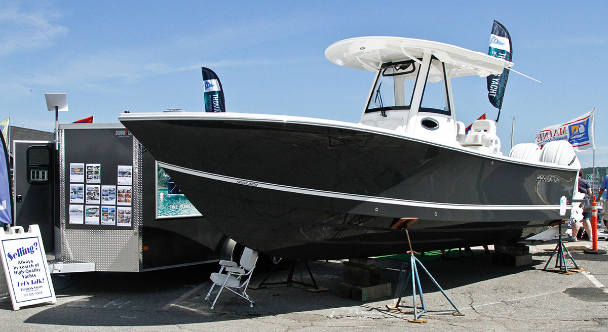 Boat displayed on land at the Maine Boat and Home Show
