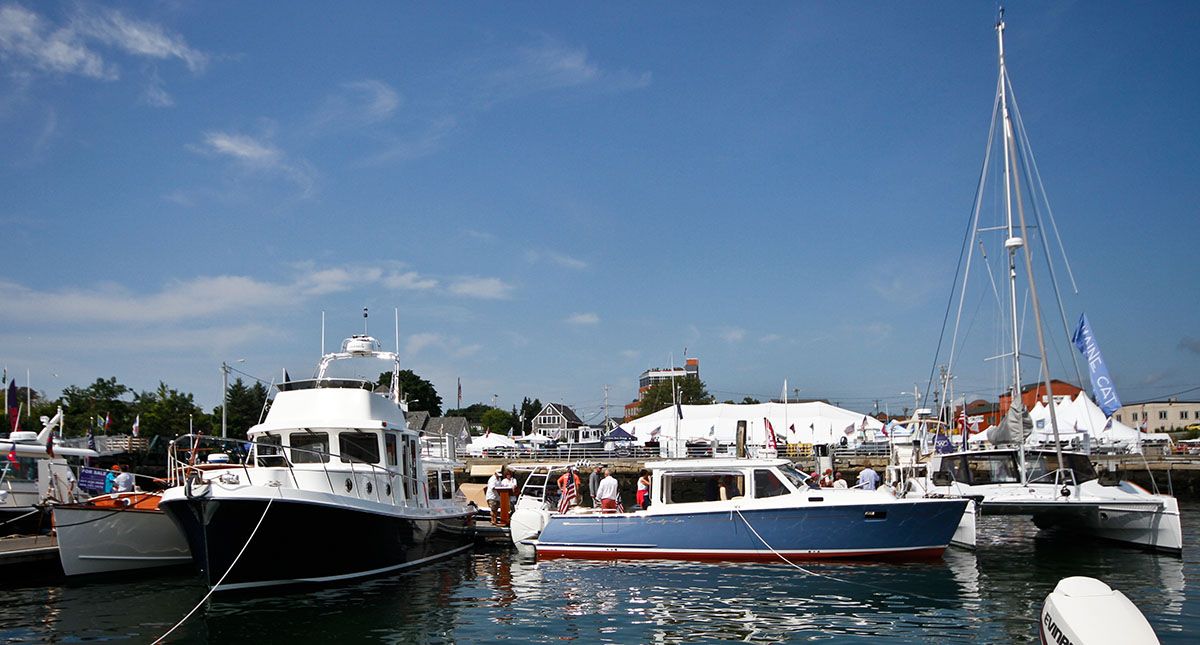 Boats and show tents along the Rockland waterfront