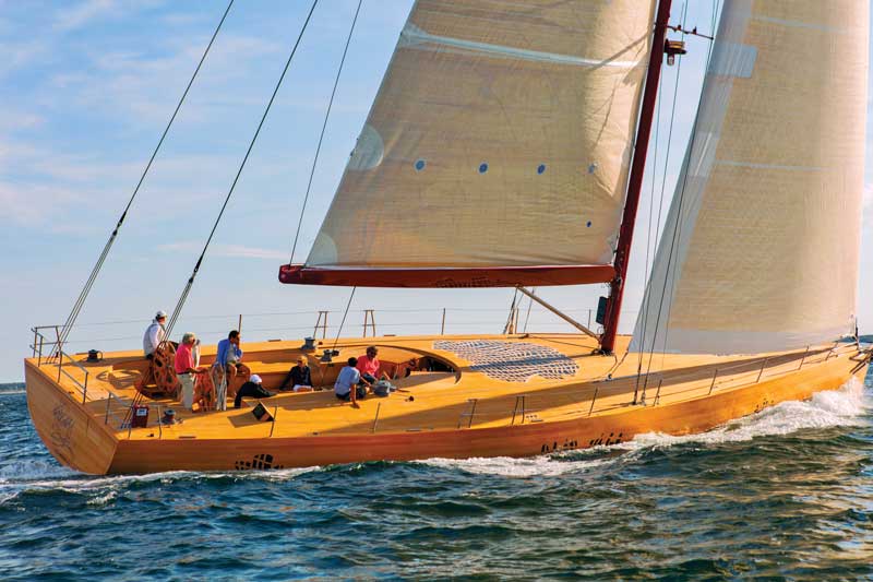 The 74' Foggy, designed by Frers Naval Architecture and modernist archi-tect Frank Gehry and built at Brooklin Boat Yard, drew on the talents of many artisans—the boat is as much a sculpture as it is a sailing vessel. Photo by Todd Eberle