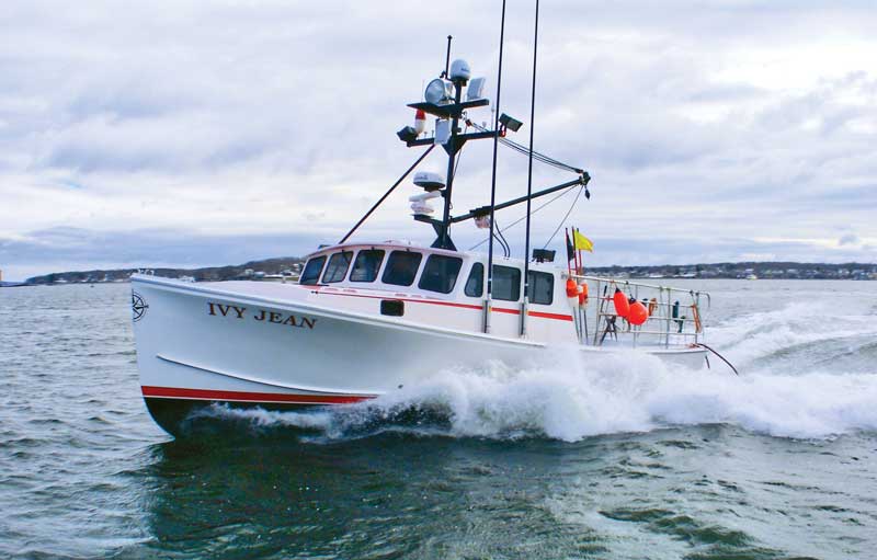 The 44-foot Ivy Jean was built by SW Boatworks in 2019 and fin-ished at Mainely Boats in Cushing. The big Calvin Beal hull is an example of a recent trend toward bigger, faster lobsterboats. Photo by Brian Robbins